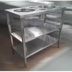 Used Stainless Steel Bench with Cutlery Containers and Holes for Plate Dispensers