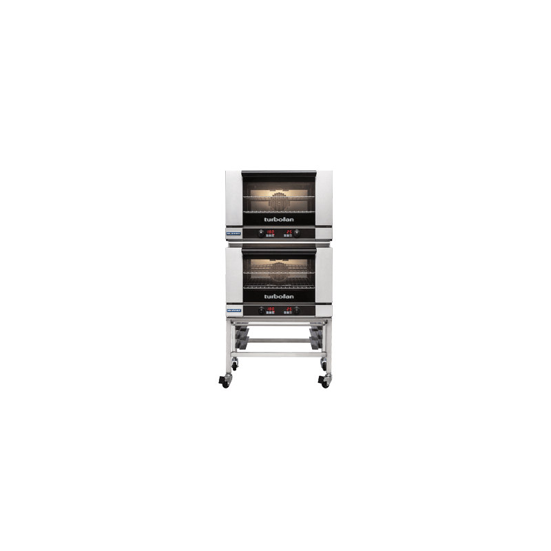 Turbofan E27D2/2 - Full Size Tray Digital Electric Convection Ovens Double Stacked on a Stainless Steel Base Stand