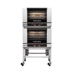 Turbofan E27D3/2 - Full Size Tray Digital Electric Convection Ovens Double Stacked on a Stainless Steel Base Stand