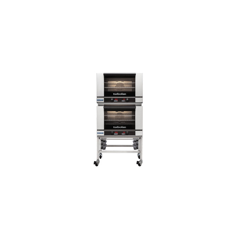 Turbofan E27D3/2 - Full Size Tray Digital Electric Convection Ovens Double Stacked on a Stainless Steel Base Stand