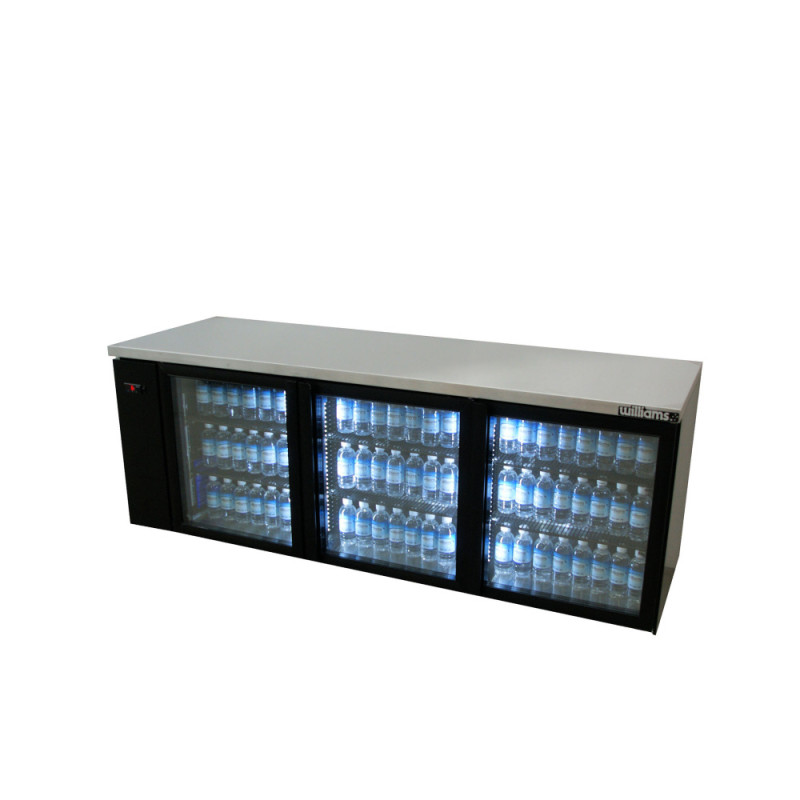 Williams HB3RGB Boronia - Three Door Black Colorbond Remote Back Bar Counter Display Refrigerator