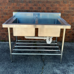 Used Stainless Steel Bench with Double Sink and Splashback - ST25UK96