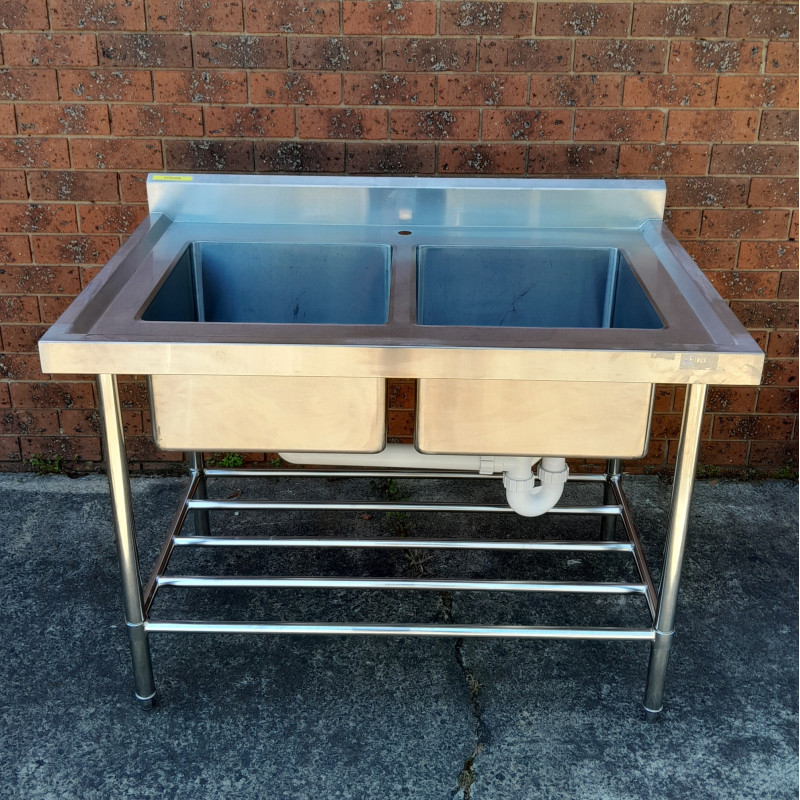 Used Stainless Steel Bench with Double Sink and Splashback - ST25UK96