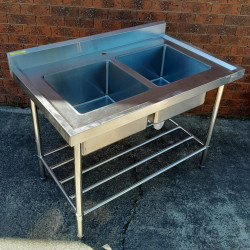 Used Stainless Steel Bench with Double Sink and Splashback - ST25UK96