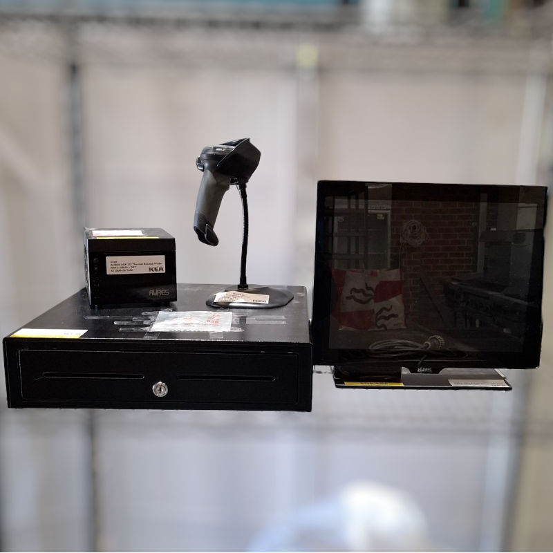 Used POS Kiosk System With Barcode Scanner Receipt Printer Cash Drawer and Touchscreen Display - ST25UK436