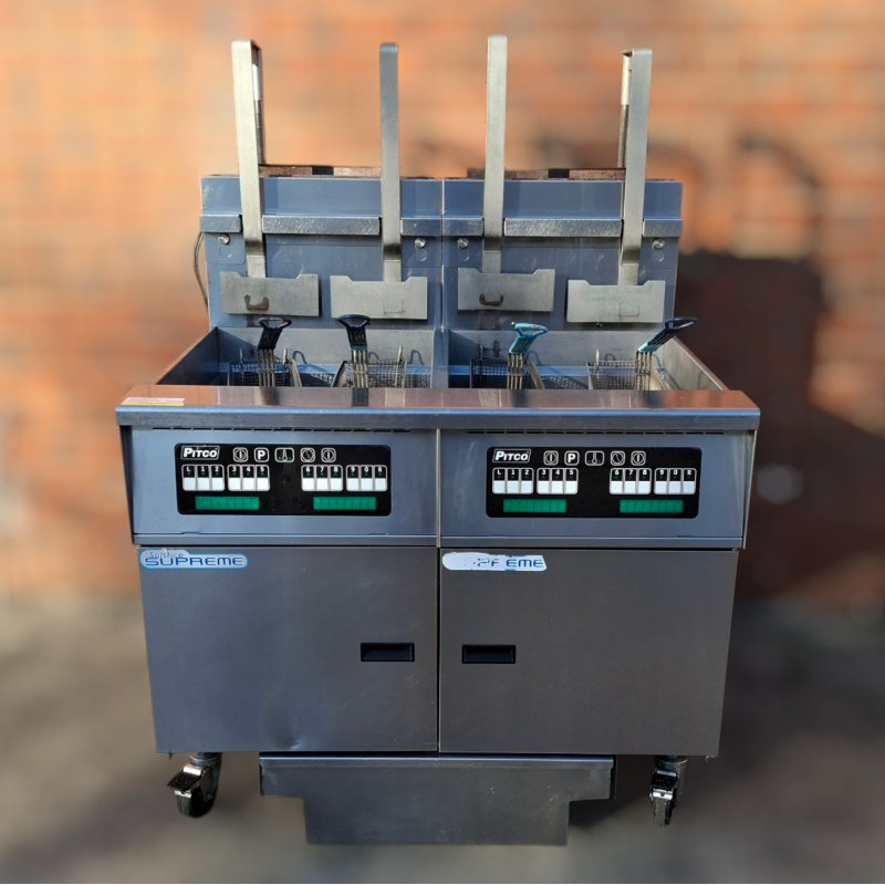 Used Pitco SSH75C-FD/FF 2 Bank Gas Deep Fryer with Filtration, Computer Controls and Automatic Basket Lift - ST25UK384