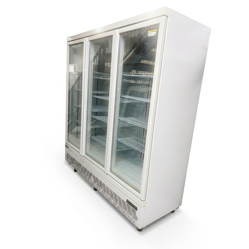 Used Orford FML50-B is a 3-door commercial upright glass display freezer - ST26UK302